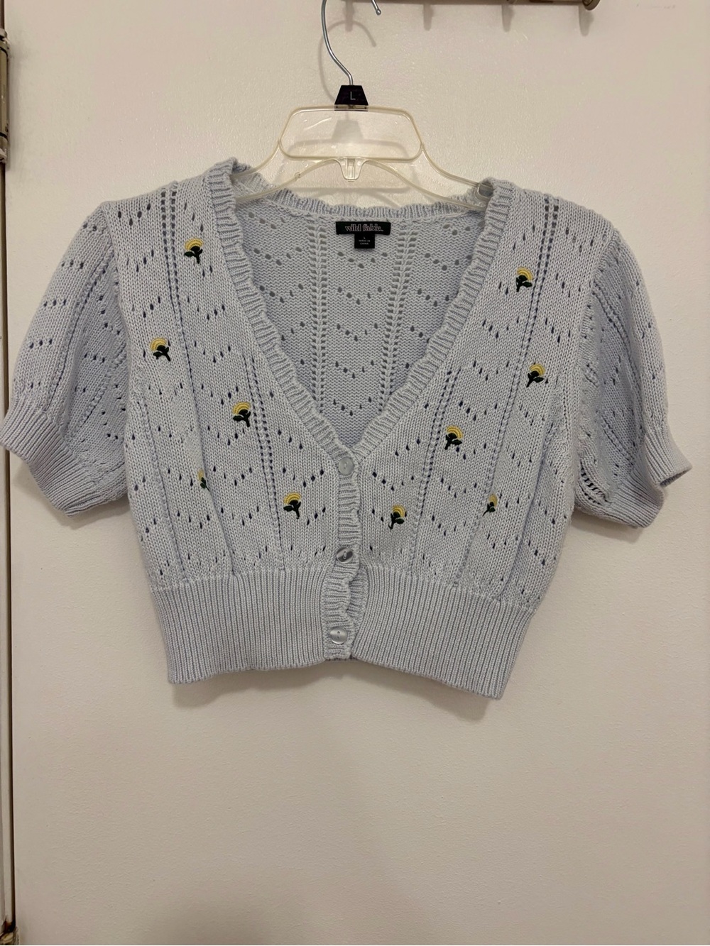 wild fable Light Blue Cropped Knit Cardigan with Yellow Flower Embroidery